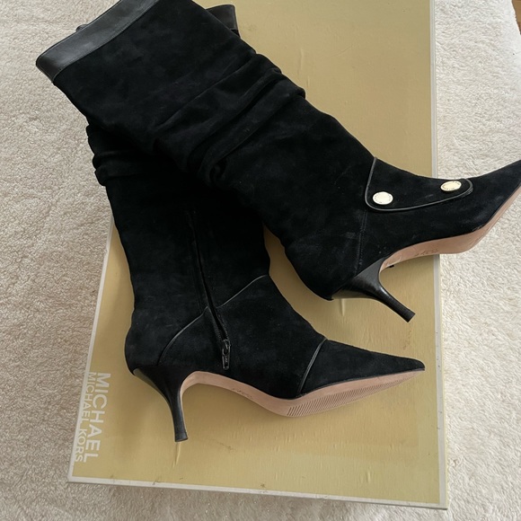 Michael Kors black suede with leather trimmed knee high mid heel boots. - Picture 1 of 6